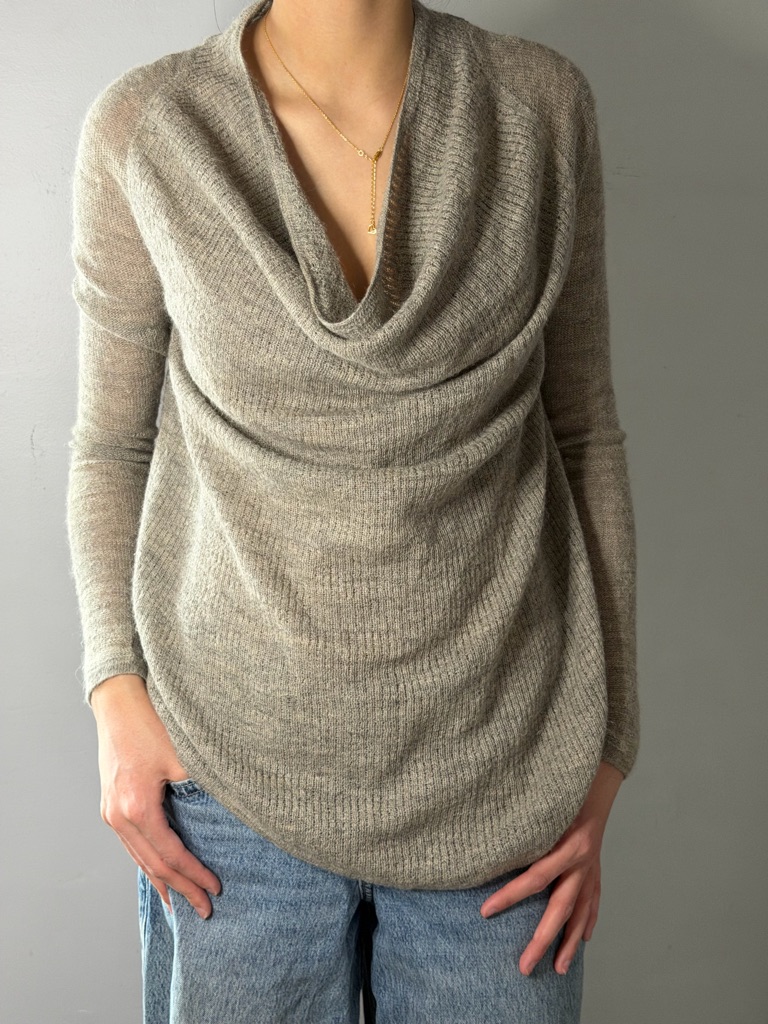 Helmut Lang Taupe Cowl Neck Lightweight Sweater